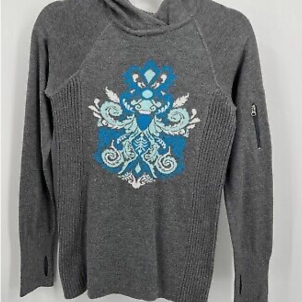 Telluride Clothing Company Hooded Sweater Womens Sz S Gray Intarsia Thumbholes
